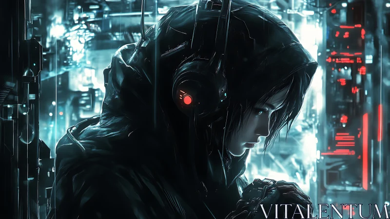 Solitary cyberpunk hacker waits in neon drenched alley