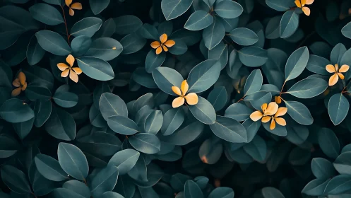 Teal foliage surrounds golden flowers in balanced pattern.