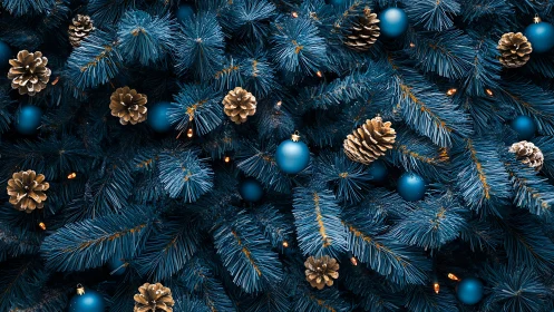 Blue fir branches with golden pinecones create festive contrast