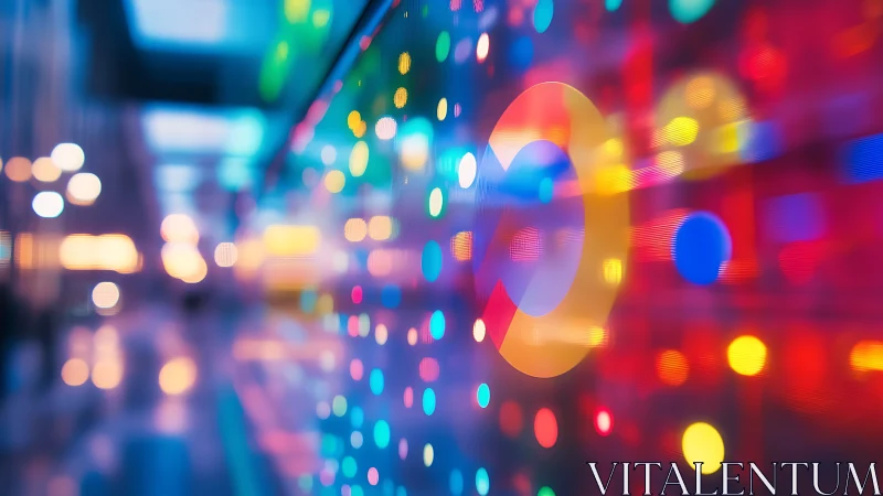 Chromatic data halo across defocused urban LED interface.