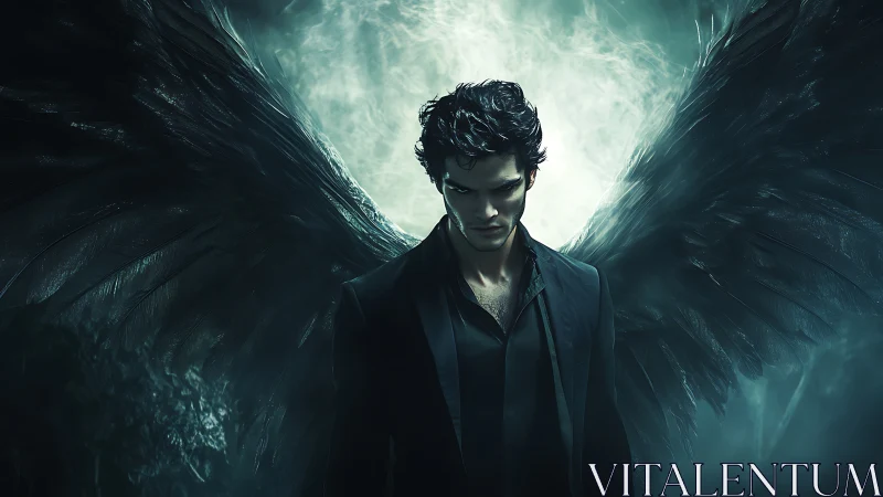 Dark winged male figure stands centered in atmospheric light