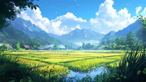 Luminous mountain rice terraces under expansive summer sky.