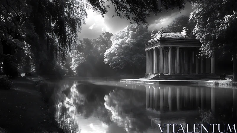 Neoclassical riverside pavilion mirrored on tranquil forest water