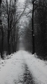 Snowy forest path vanishes into silent winter fog.