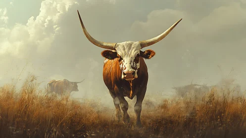 Stormstride longhorn strides through a sunlit prairie haze.