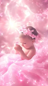 Enchanted baby cradles a glowing jewel in soft pink light