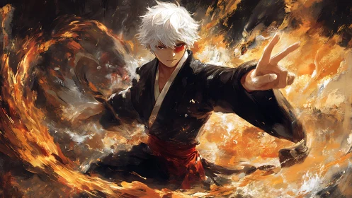Fire-wielding anime hero in a whirlwind of blazing power.