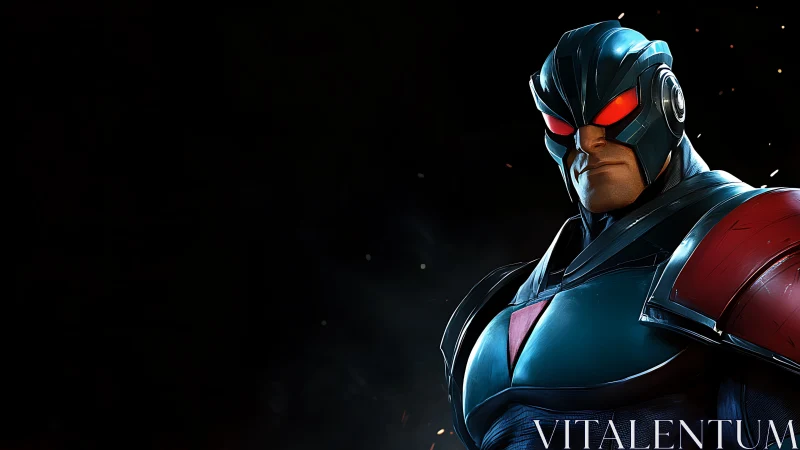 Stoic armored hero glowing with bold red and blue power.