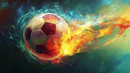 Blazing cosmic football comet streaking through painted skies.