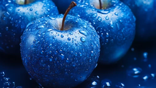 Macro close-up of saturated blue apples with uniform water droplets
