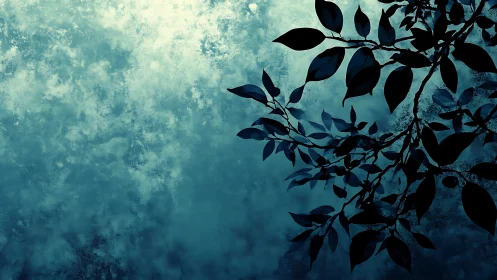 Silhouetted leaves drift across a cool textured sky backdrop.