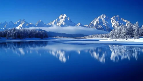 Peaceful winter mountains mirrored in a deep blue lake.