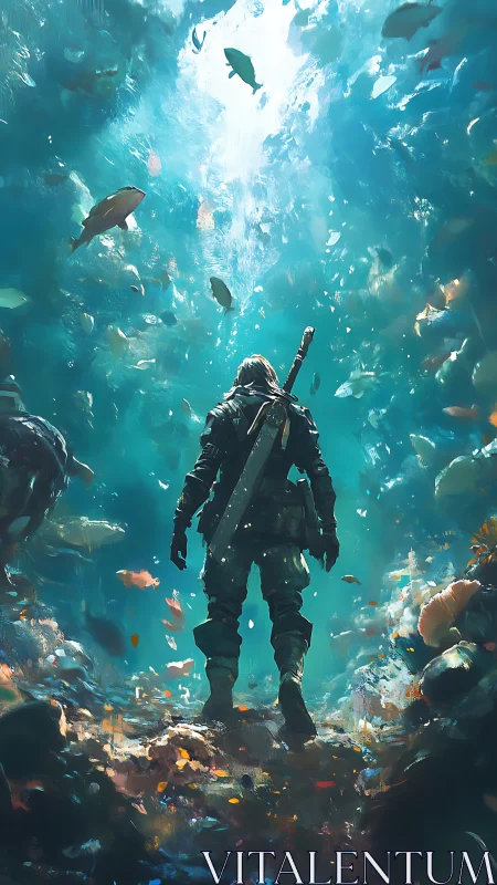 Lone diver warrior ascends through a luminous coral abyss