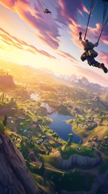 Parachuted figure descends toward stylized valley landscape