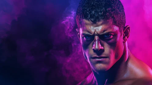 Male figure stares forward against magenta and blue haze