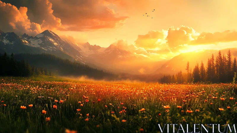 Sunset over alpine meadow with wildflowers and mountains.