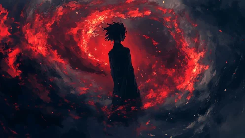 Silhouetted wanderer before a blazing crimson vortex.