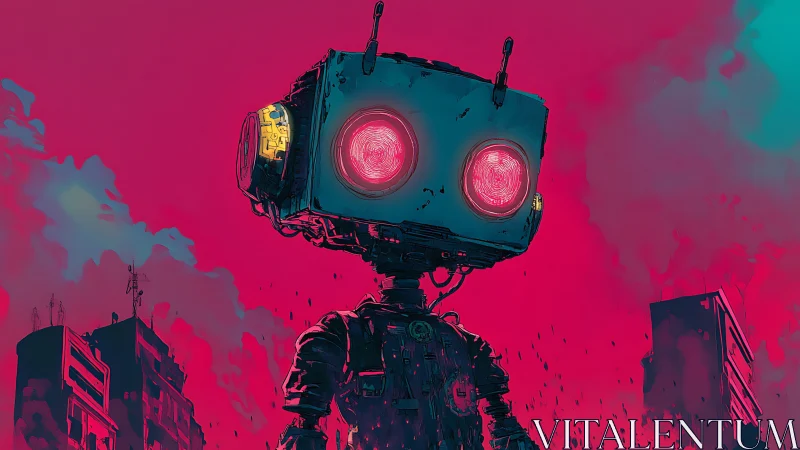 Neon-lit box-headed robot dominates dystopian urban skyline