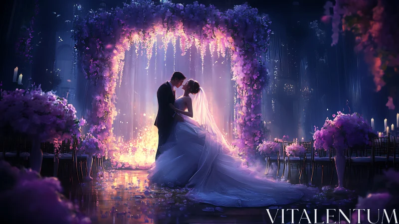 Romantic couple under luminous floral wedding archway.
