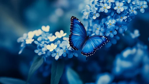 Gentle blue butterfly rests softly among glowing garden blooms