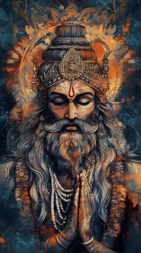 Meditative sage portrait with ornate crown and fire halo.