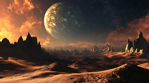 Alien desert world under burning sky and colossal moon