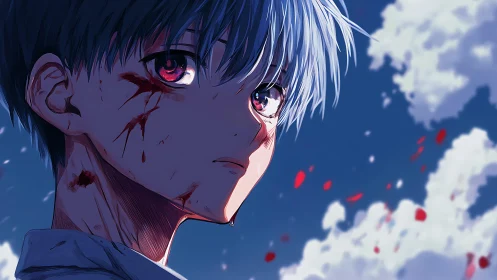 Wounded anime boy gazing skyward with quiet resilience.