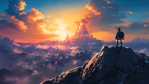 Heroic figure overlooks vast fantasy valley at sunrise