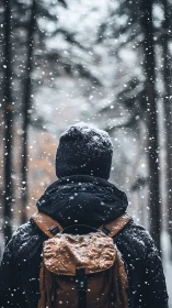 Solitary hiker in snowfall framed by soft-focus winter forest.