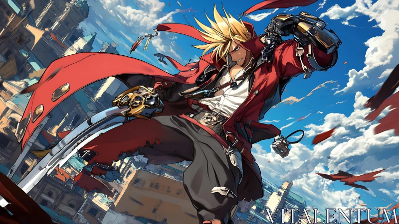 Sword wielding fighter in red coat over stylized cityscape.