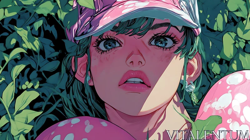 Anime girl in pink cap framed by lush green foliage.