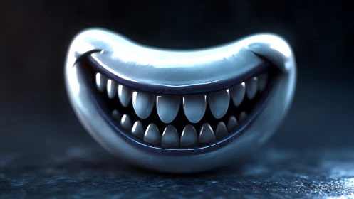 Highly reflective 3D metallic mouth object with exaggerated teeth array