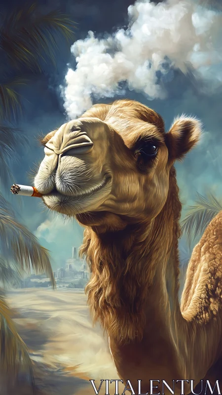 Camel smoking in desert landscape under cloudy sky.