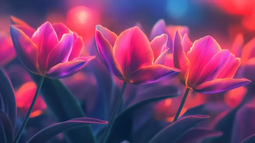 Glowing Tulips Dance in Vibrant Neon Light