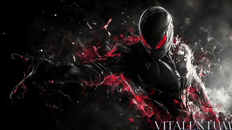 Shadow-clad cyber warrior lunging through red energy storm.