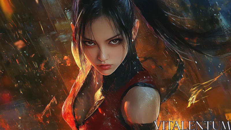 Blazing night warrior with ember-lit gaze in storming neon.