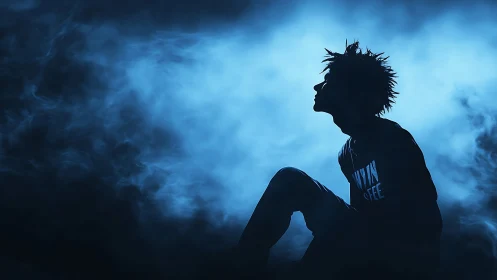 Silhouette youth in blue fog under strong backlight glow.