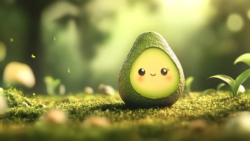 Cute smiling avocado character rests in a glowing forest meadow