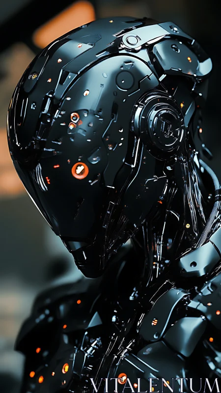 Nocturne android sentinel with ember-bright circuitry gaze.