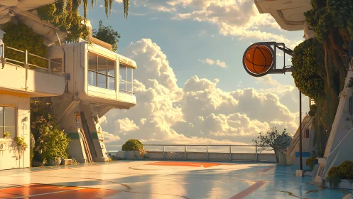 Elevated rooftop court rendered in golden hour lighting with architectural surrealism