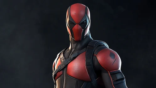 Red and black armored masked vigilante in studio lighting.