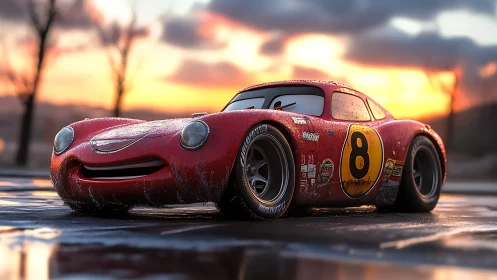 Smiling red race car gleams on wet track at warm sunset