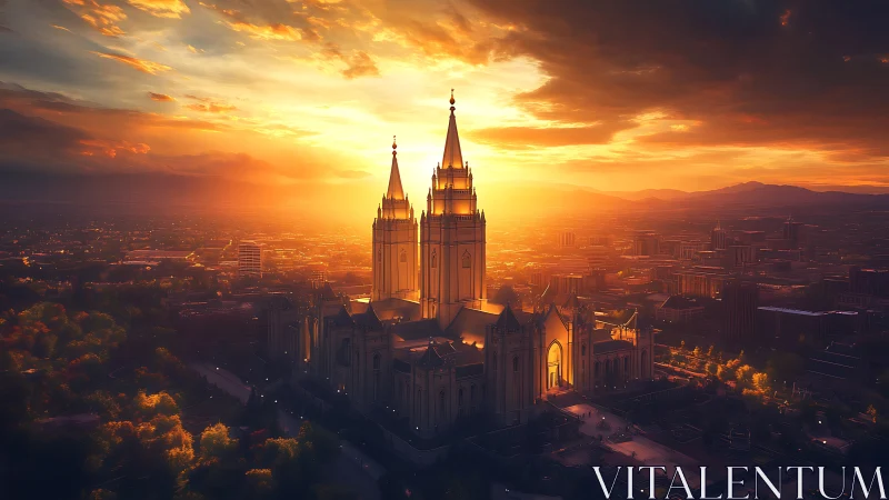 Cathedral skyline glowing under dramatic golden sunset.