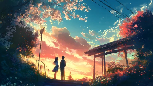 Sunset shrine hillside with silhouetted anime couple below