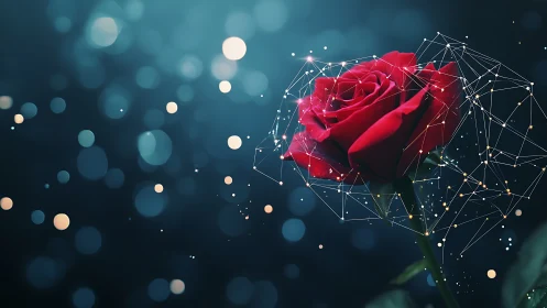 Red rose merges with digital network against teal bokeh glow.