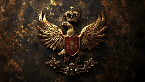 Golden heraldic eagle crest with crown on textured background.