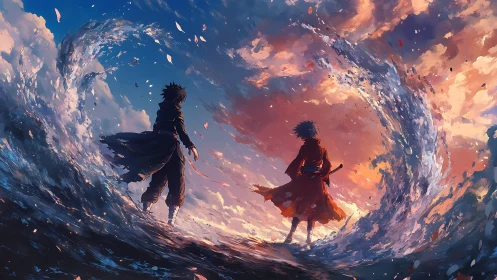 Two cloaked figures face each other between towering water arcs