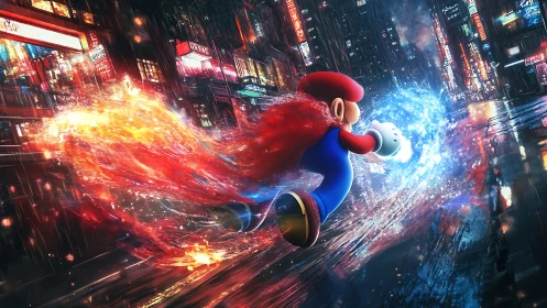 Pixel hero racing fire and ice through neon rainstorm streets.