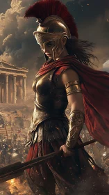 Armored hoplite commander amid classical battlefield turbulence.