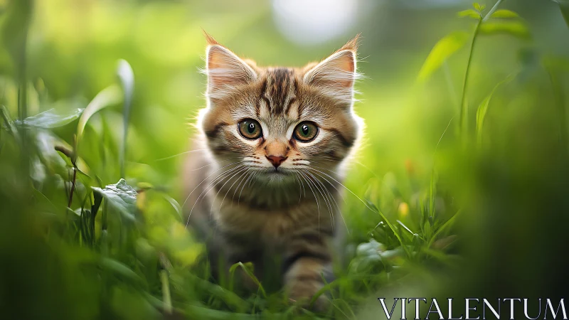 Juvenile Tabby Kitten in Natural Bokeh Environment with Selective Focus